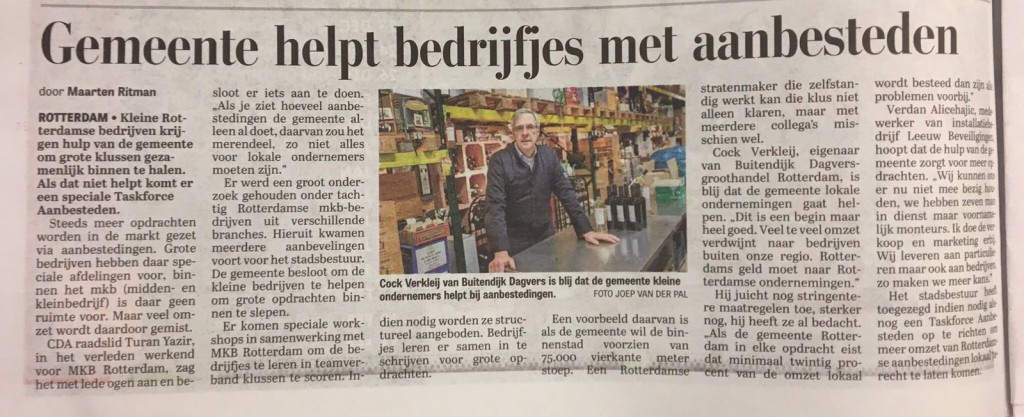Vicevoorzitter Cok Verkley vraag aandacht voor lokale aanbesteding in de Telegraaf